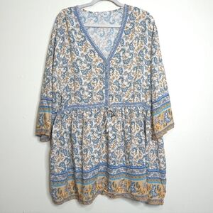 NorthStyle Boho Tunic Top Long Lined 2X Blue Gold Paisley Drawstring Waist